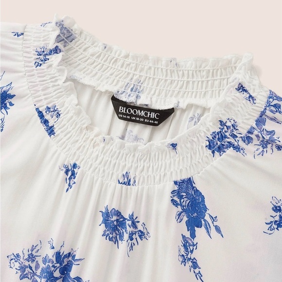 NWT BloomChic Wrap Collar White and Blue Floral Ruffle Sleeve Blouse - Picture 5 of 16